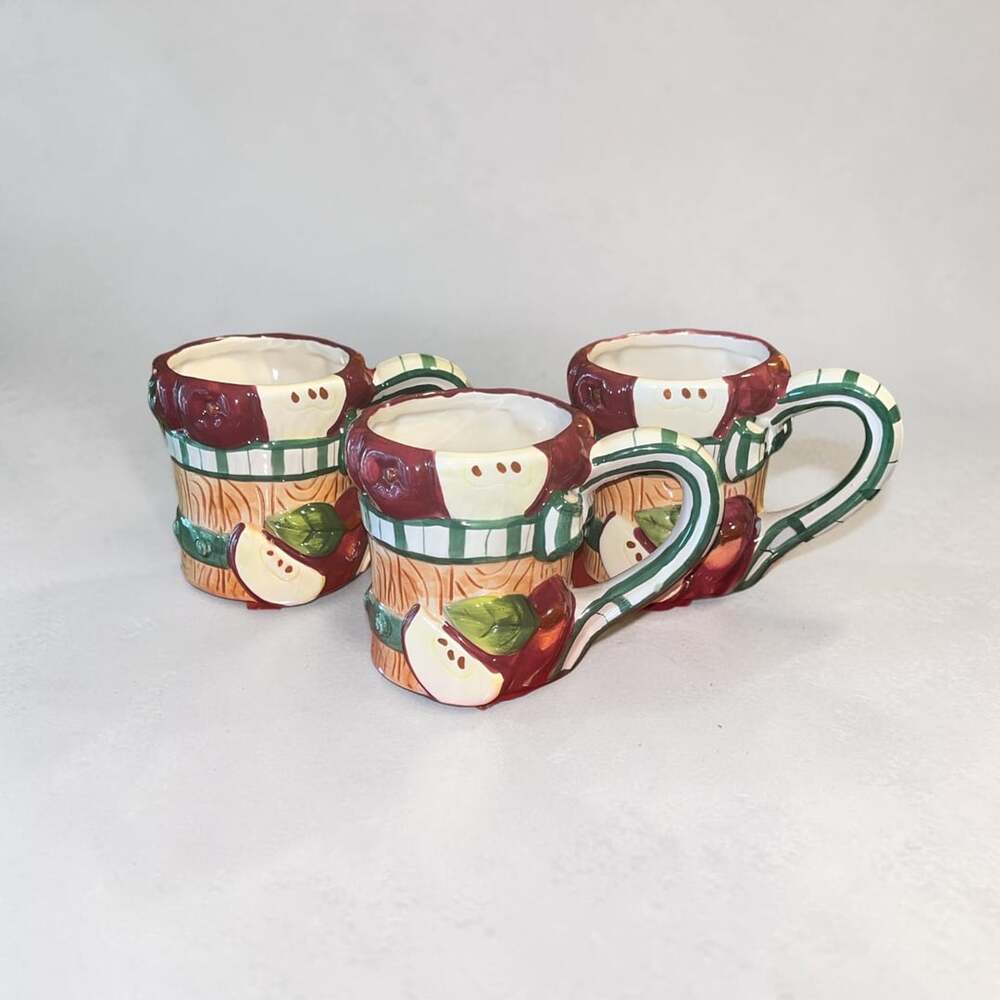 3 Vintage Apple Basket Ceramic Coffee Mugs Rustic Farmhouse Country decor